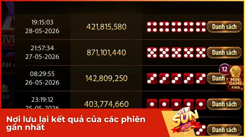 Bảng lịch sử Tài Xỉu Sunwin lưu lại kết quả các phiên gần nhất, giúp người chơi thuận tiện theo dõi và quan sát xu hướng cược